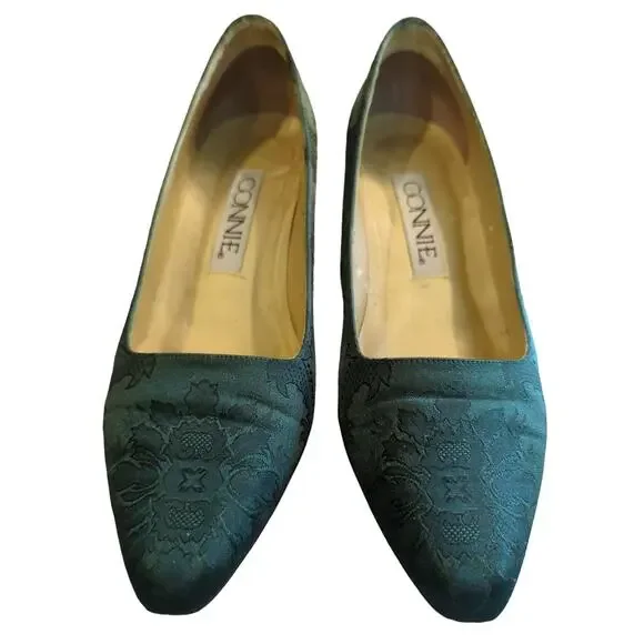 Connie Opulent IV Forest Green Patterned Fabric 2.25" Heels vintage women's Sz 9 - Picture 8 of 8